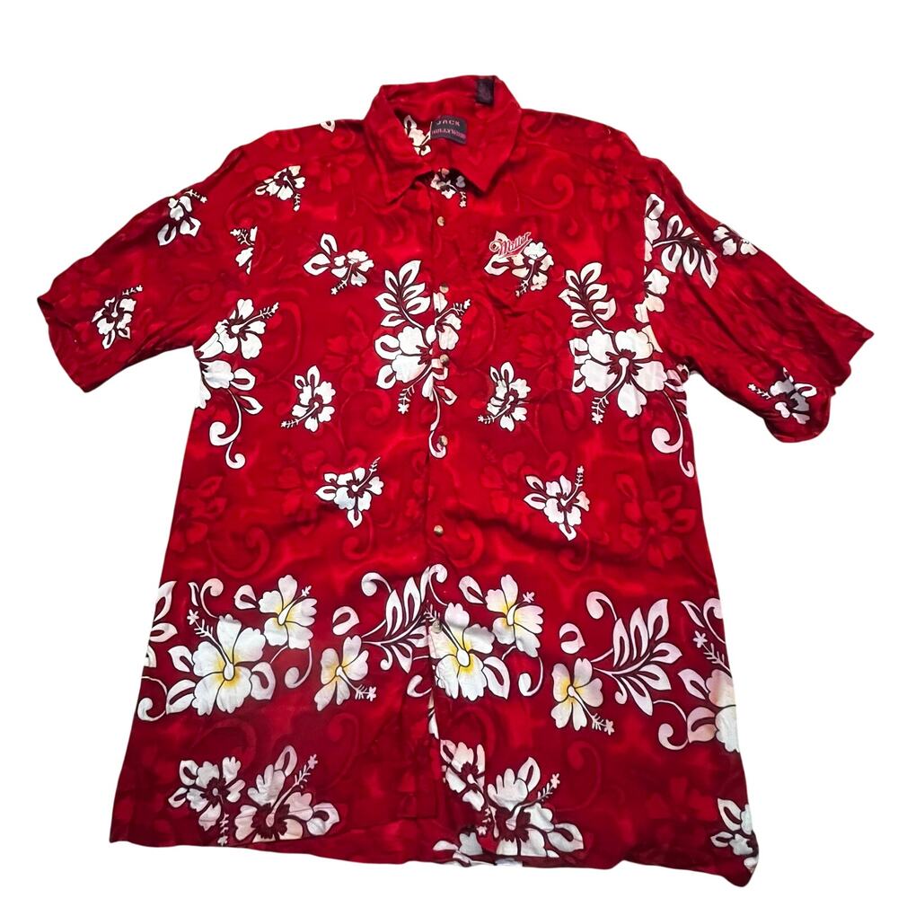 Miller Lite Hawaiian Shirt XXL Red Floral Button Up Beer Aloha Resort Vacation